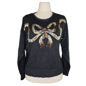 Vintage Sheridan Square Black Sequin Bow Sweater M Silk Angora 90s Holiday
